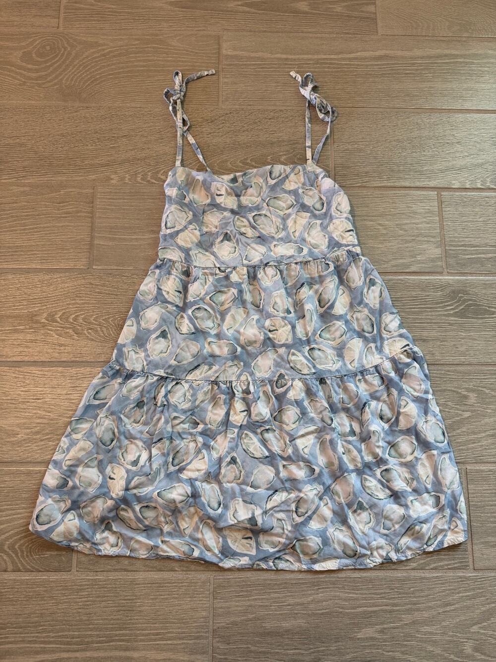 Kenny Flowers Oyster Print Tiered Mini Dress Blue Tie Strap Smocked Back Resort